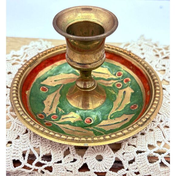 Vintage Enameled Brass Candle Holder Holly Berry Red Green - Picture 1 of 6